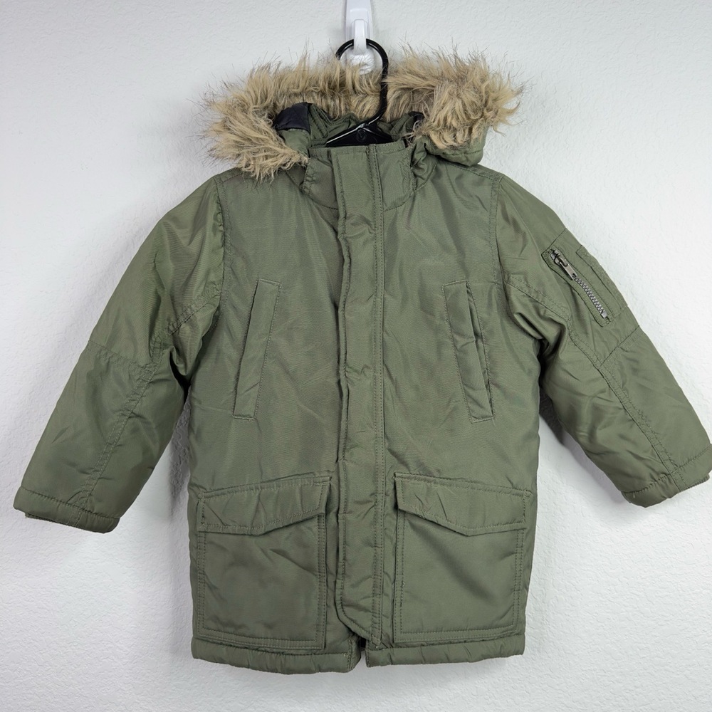 H&M Jacket Kids Size 4-5 Green Hooded Faux Fur Parka Outdoor Winter Zip Utility‎